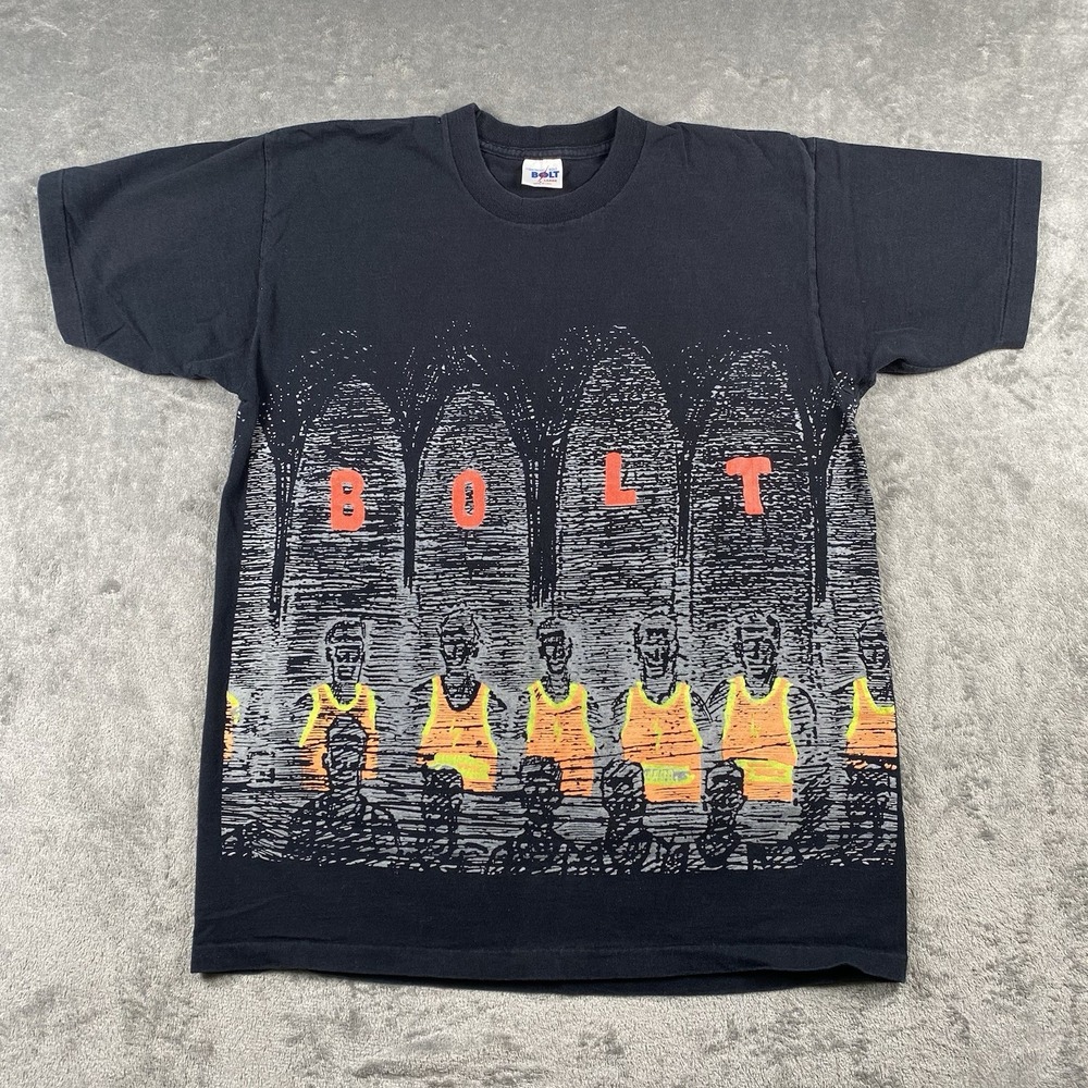 VTG Lightning Bolt Shirt Mens Size L Black Wraparound Graphic Surf Single Stitch